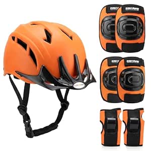 Kidsmate Sports Protective Gear Set for Boys & Girls | Kids Safety Guard Contains Helmet, Knee Pads, Elbow Pads & Wrist Guards | Ages 3-14 Years, Ideal for Cycling, Skateboarding & Scooters (Orange)
