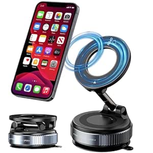 Elfora Vacuum Magnetic Dashboard Phone Holder | 1 Year Warranty | 360° Adjustable & Foldable Hands-Free Suction Mount for Car/Gym/Mirror | Strong MagSafe Compatible with iPhone & Android (Black)