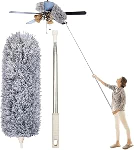 DODGE 'N WOLVES Microfiber Feather Duster Bendable & Extendable Fan Cleaning Brush with 100 inches Expandable Pole Handle Washable Mop for High Ceiling Fans,Window Blinds,Furniture (Standard Grey)