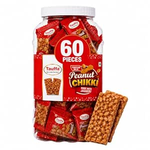Tauffa Peanut Chikki Jar 60 Pieces (18g Each) | Traditional Groundnut & Jaggery Snack | Protein Rich Peanut Brittle | No Added Preservatives or Colours
